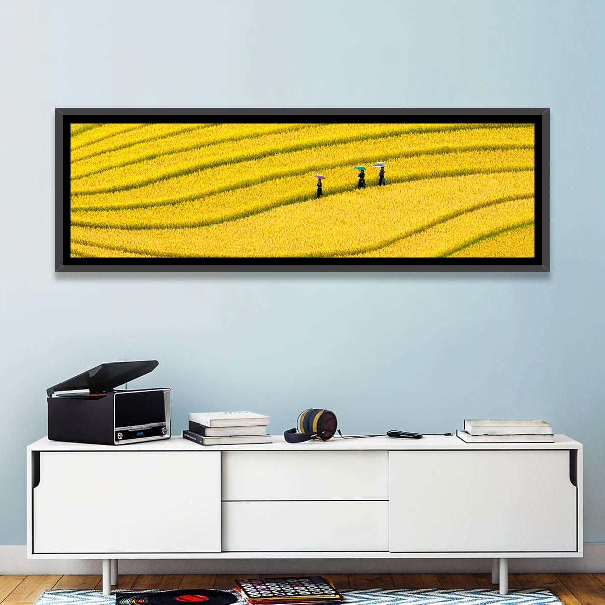 Golden Rice Terraces with Umbrellas Wall Art