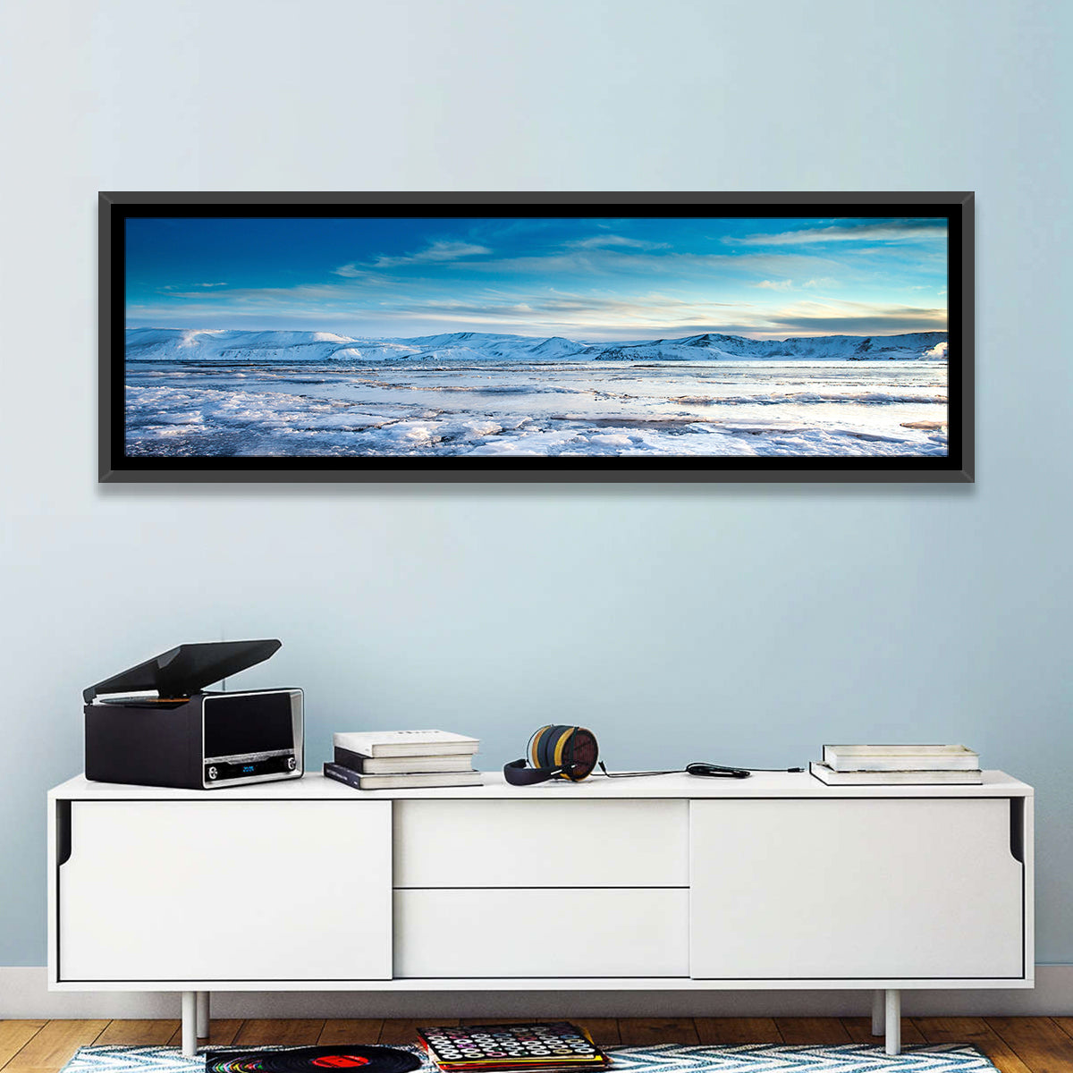Kleifarvatn Winter Horizon Wall Art in a room, panoramic