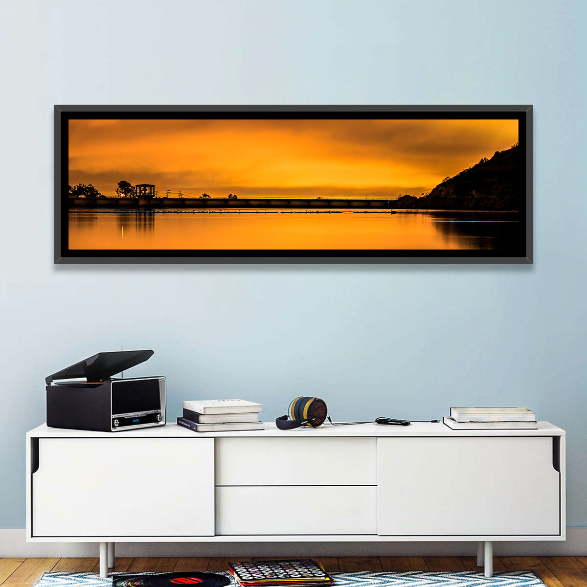 Lake Murray Sunset Wall Art in a room, panoramic