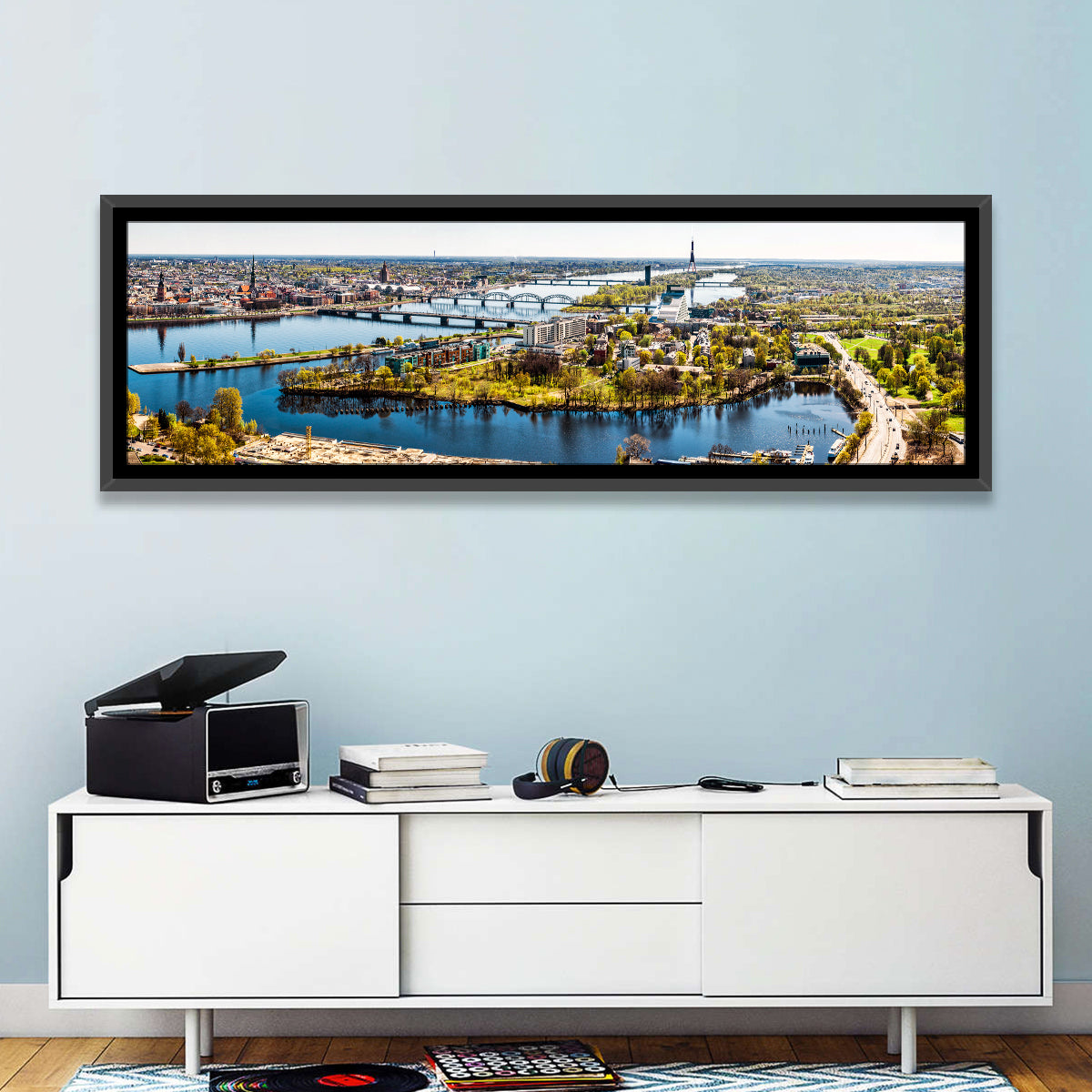 Riga Daugava River View Wall Art in a room, panoramic