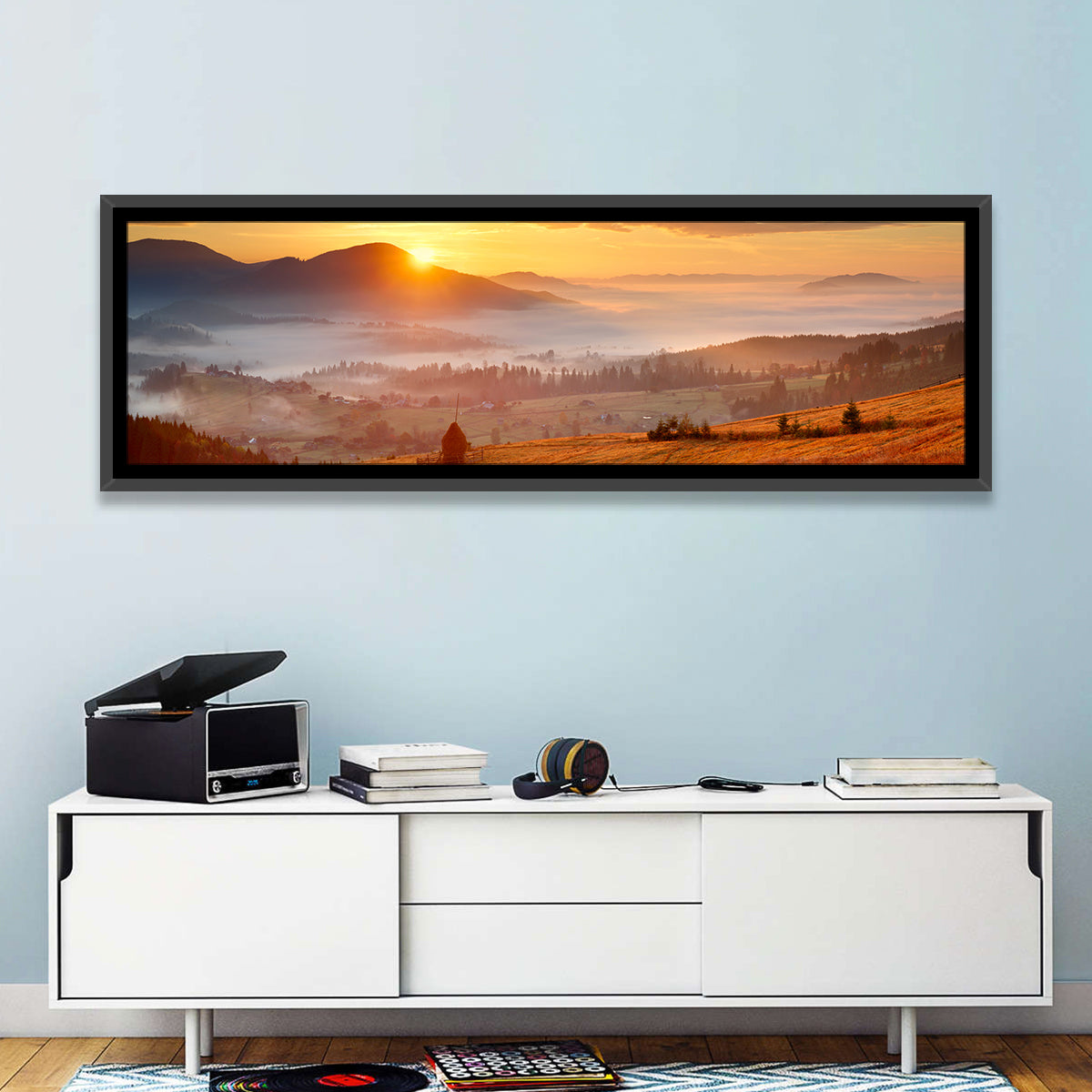 Foggy Mountain Village Wall Art in a room, panoramic