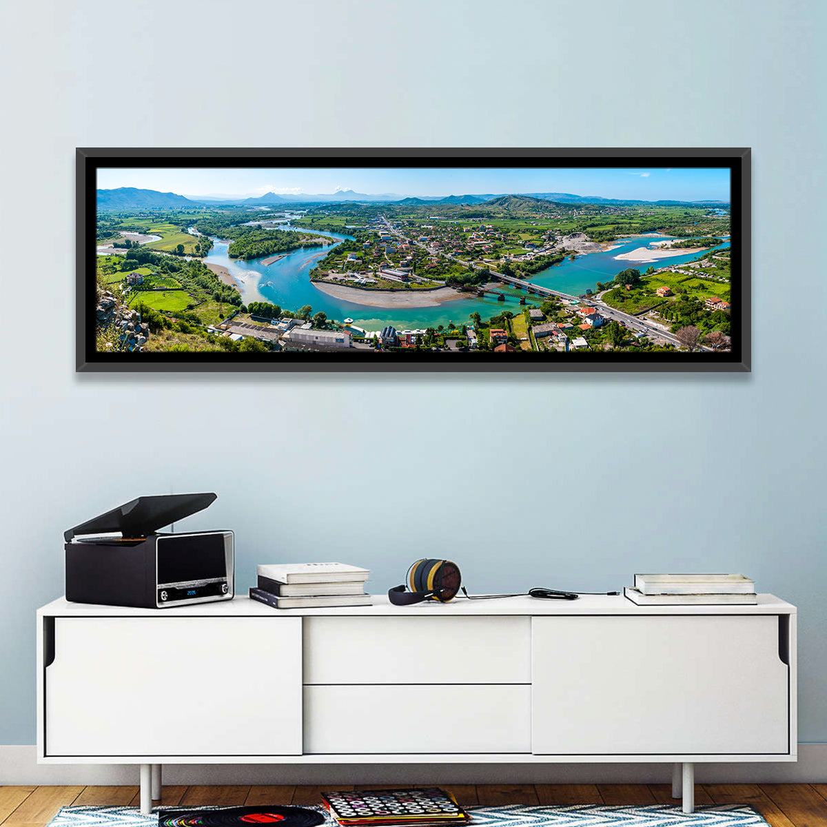 Shkodër River Valley Wall Art in a room, panoramic