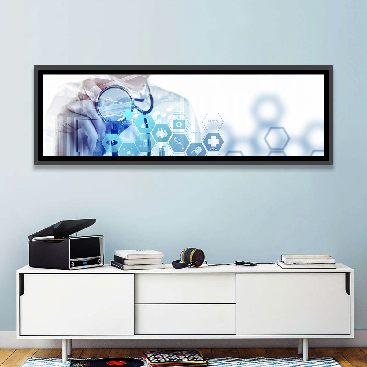 Stethoscope Checkup with Medical Icons Wall Art in a room, panoramic