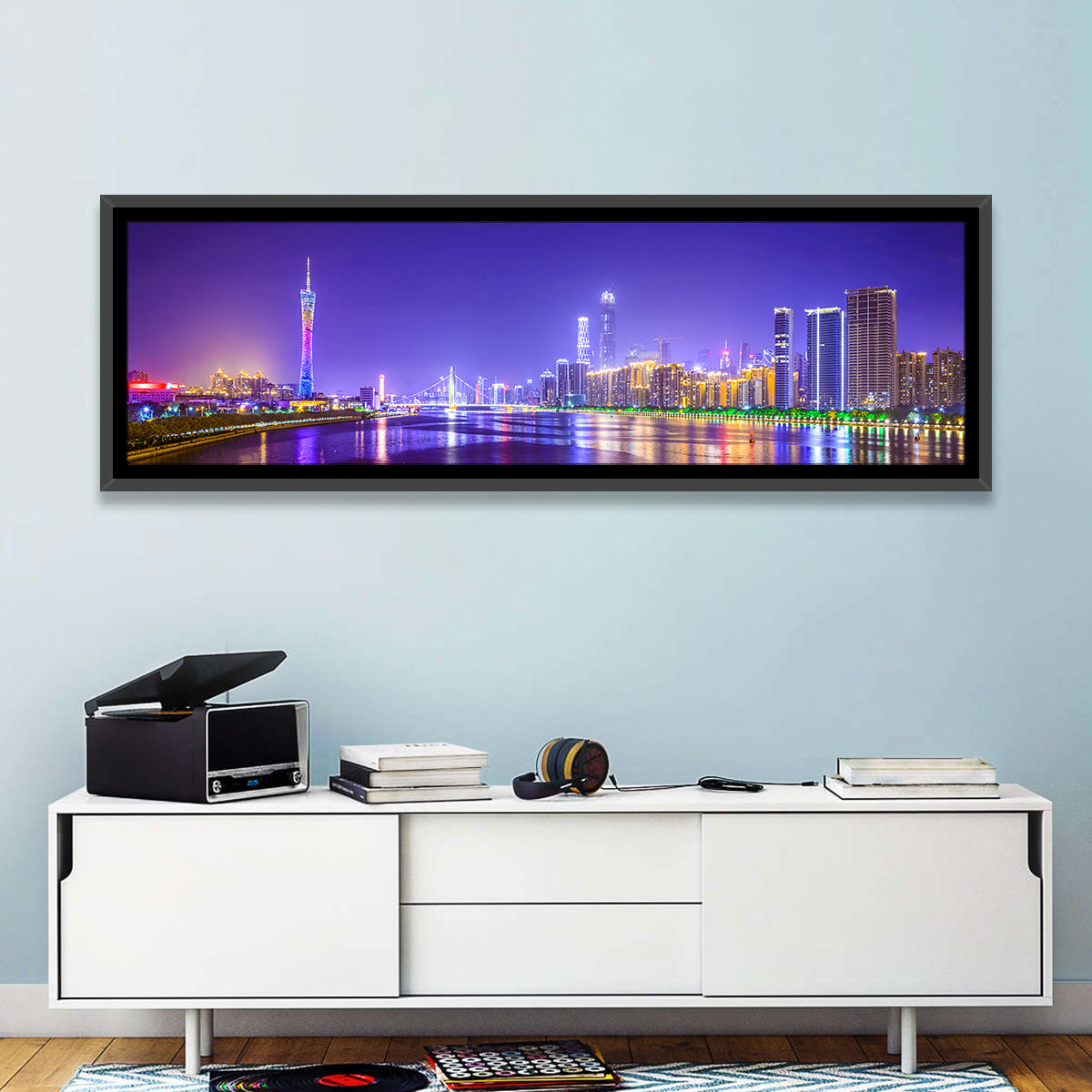 Guangzhou Skyline Night Over Pearl River Wall Art in a room, panoramic