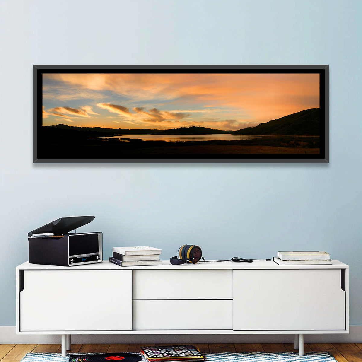 Lake Casitas Sunrise Wall Art in a room, panoramic