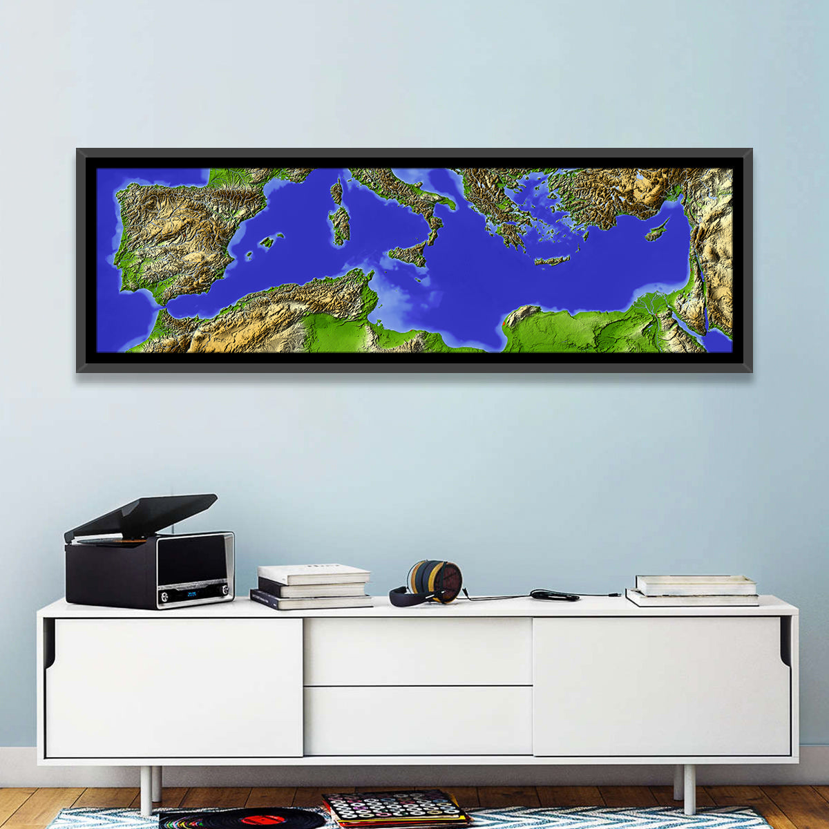 Mediterranean Sea Shaded Relief Map Wall Art in a room, panoramic