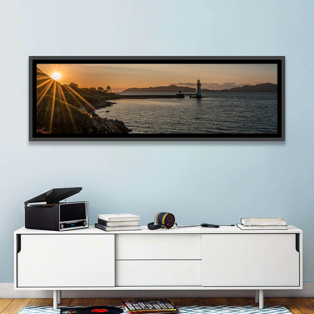 Dunollie Lighthouse Golden Hour Wall Art in a room, panoramic