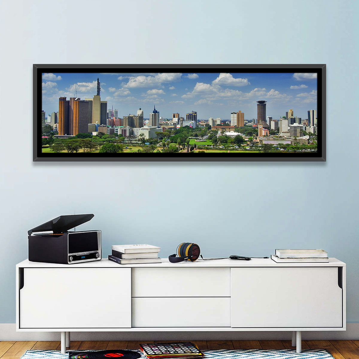 Nairobi Skyline Wall Art in a room, panoramic