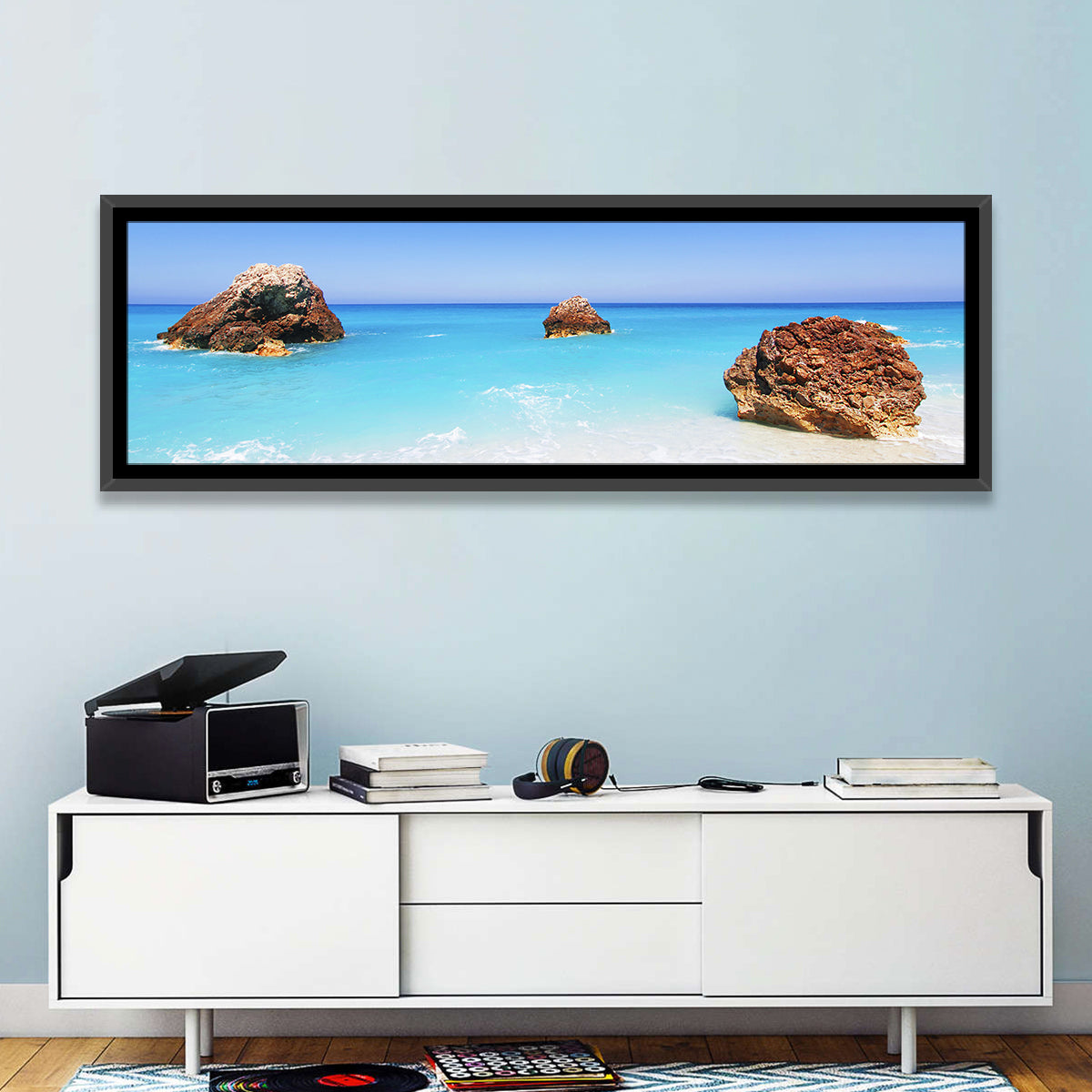 Lefkada Three Rocks Seascape Wall Art in a room, panoramic