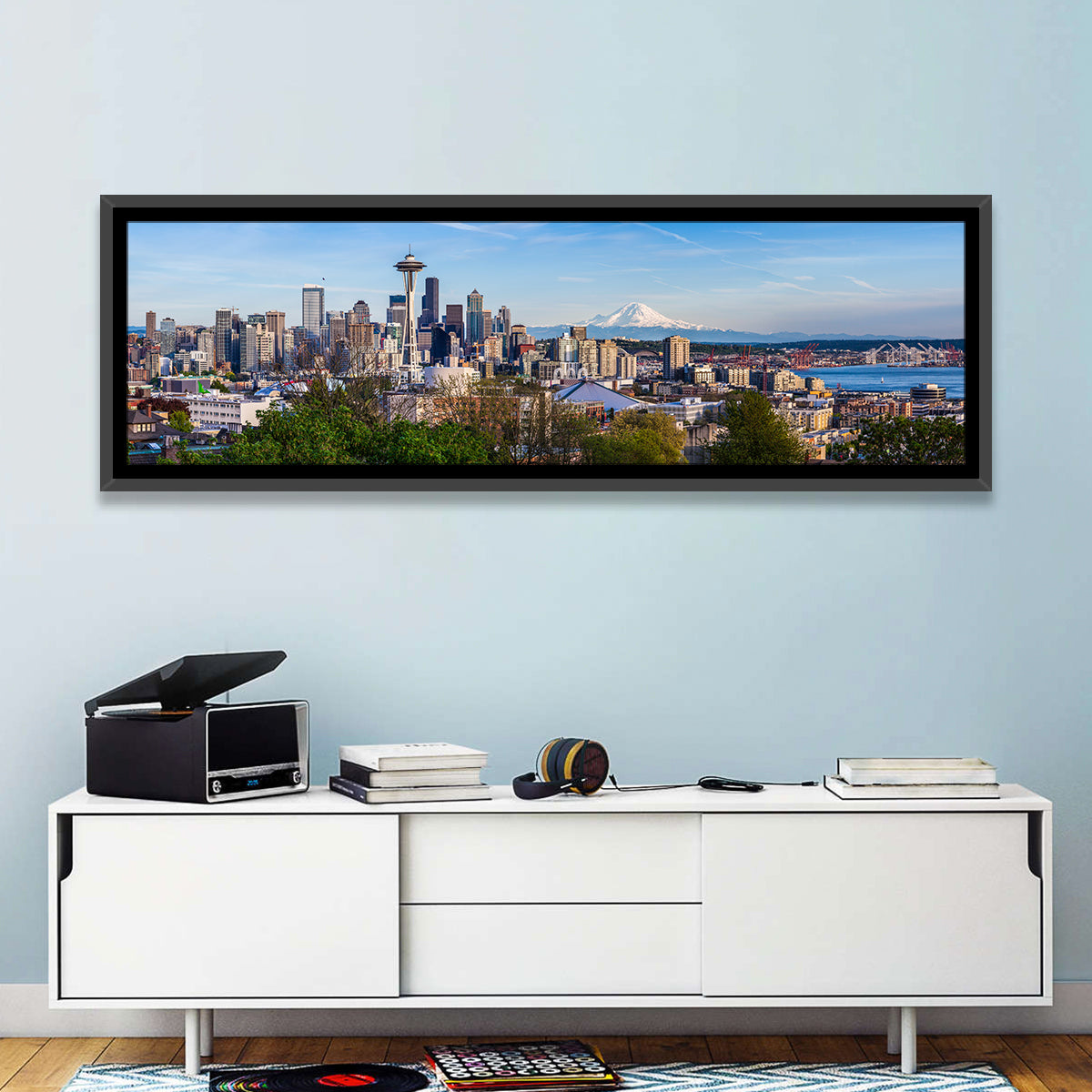 Seattle Skyline with Mount Rainier Wall Art in a room, panoramic