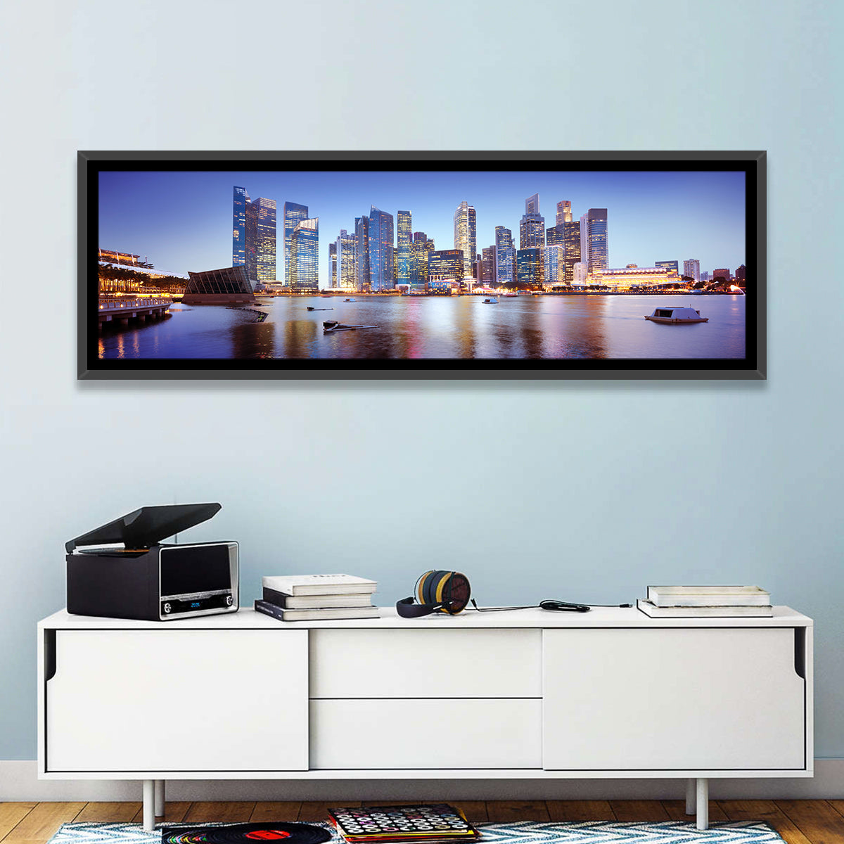Singapore Marina Bay Skyline at Twilight Wall Art in a room, panoramic