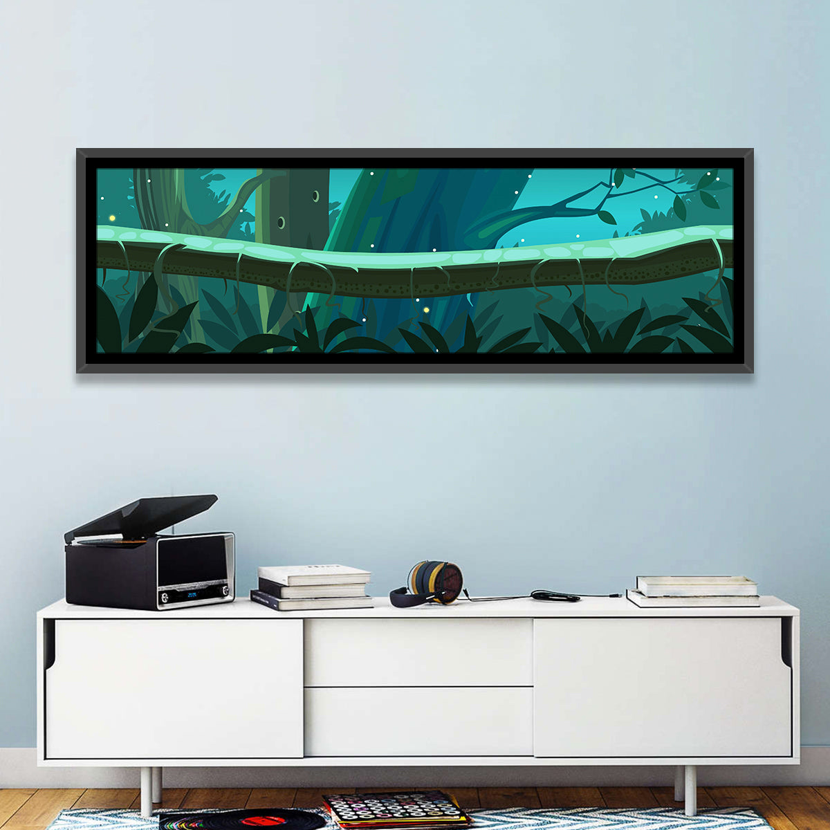 Digital Jungle Night Wall Art in a room, panoramic