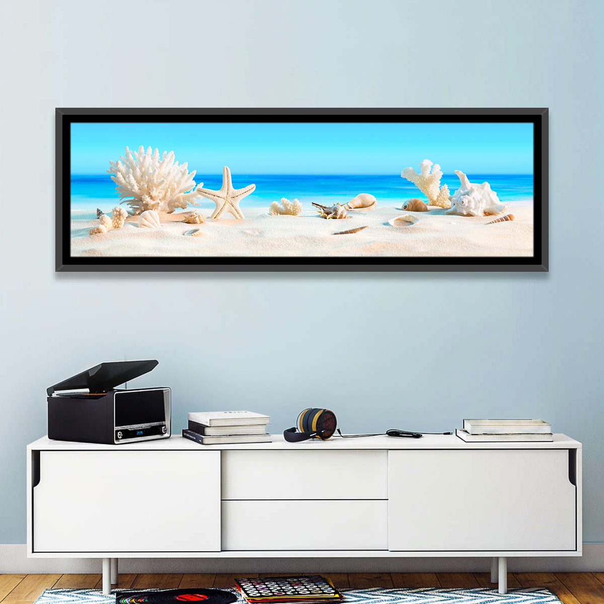 Seashells on Turquoise Shore Wall Art in a room, panoramic