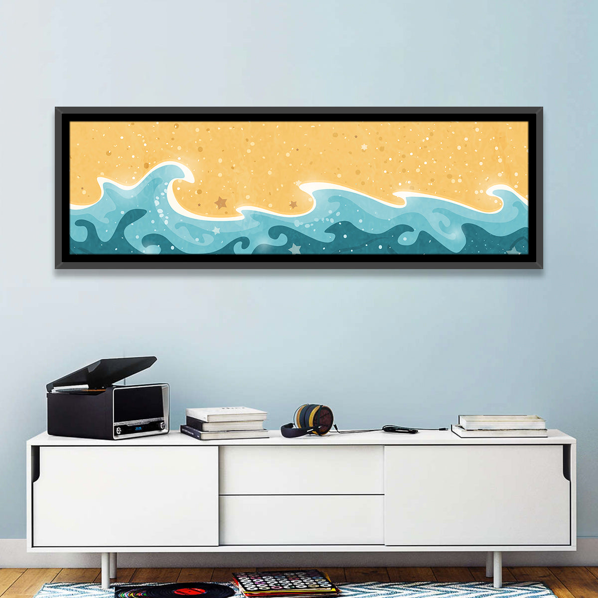 Whimsical Starry Waves Abstract Wall Art in a room, panoramic
