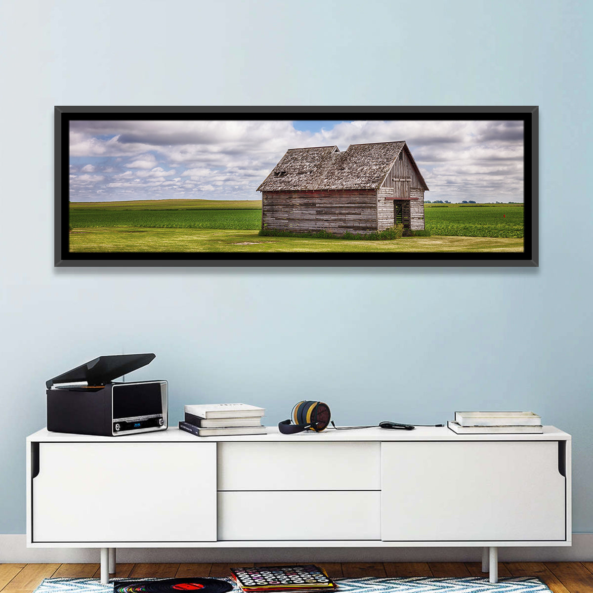 Old Farm Shed in Field Wall Art in a room, panoramic