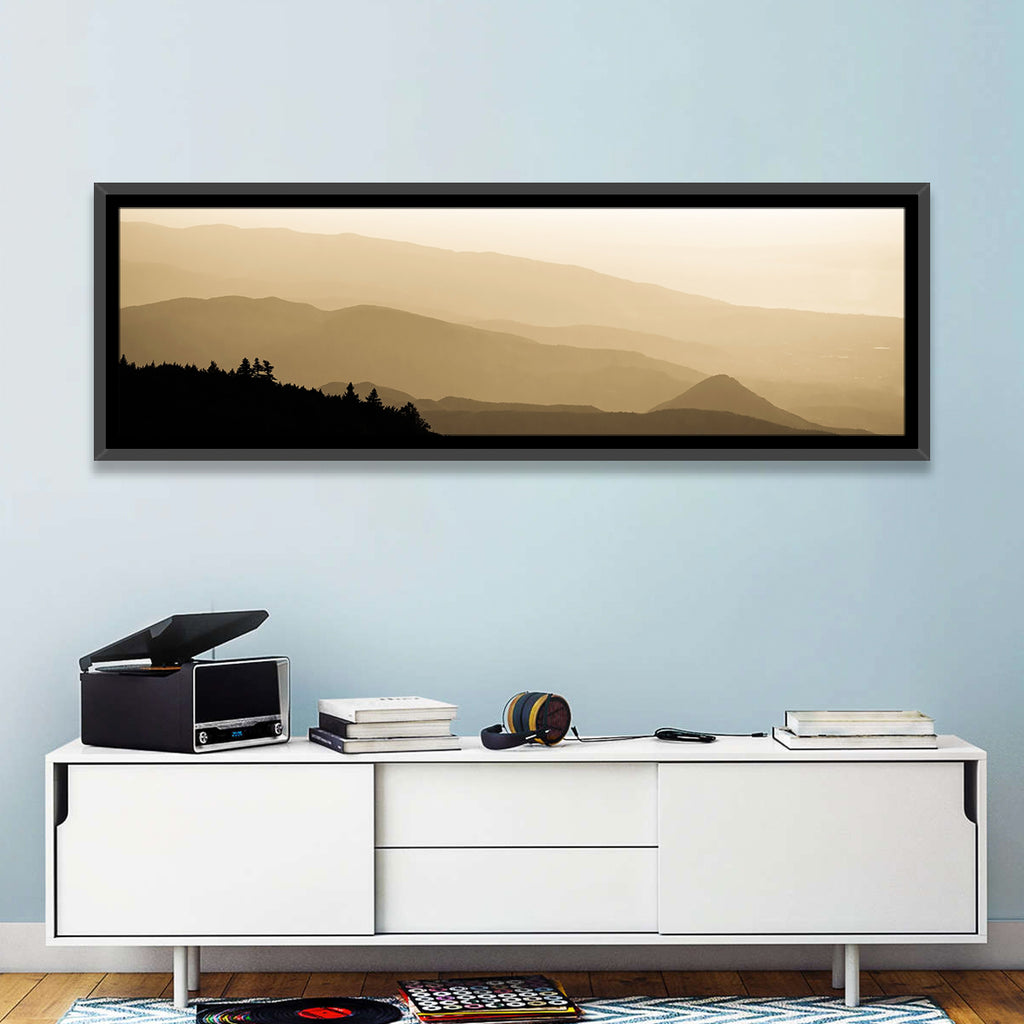 Foggy Mountain Sunset with Evergreen Silhouettes Wall Art