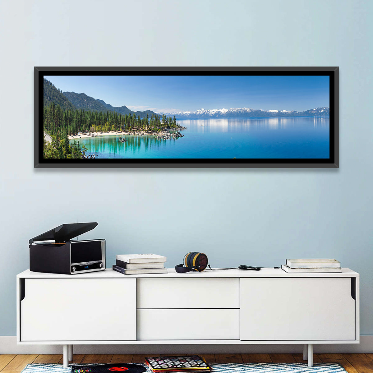 Lake Tahoe Turquoise Shoreline Wall Art in a room, panoramic