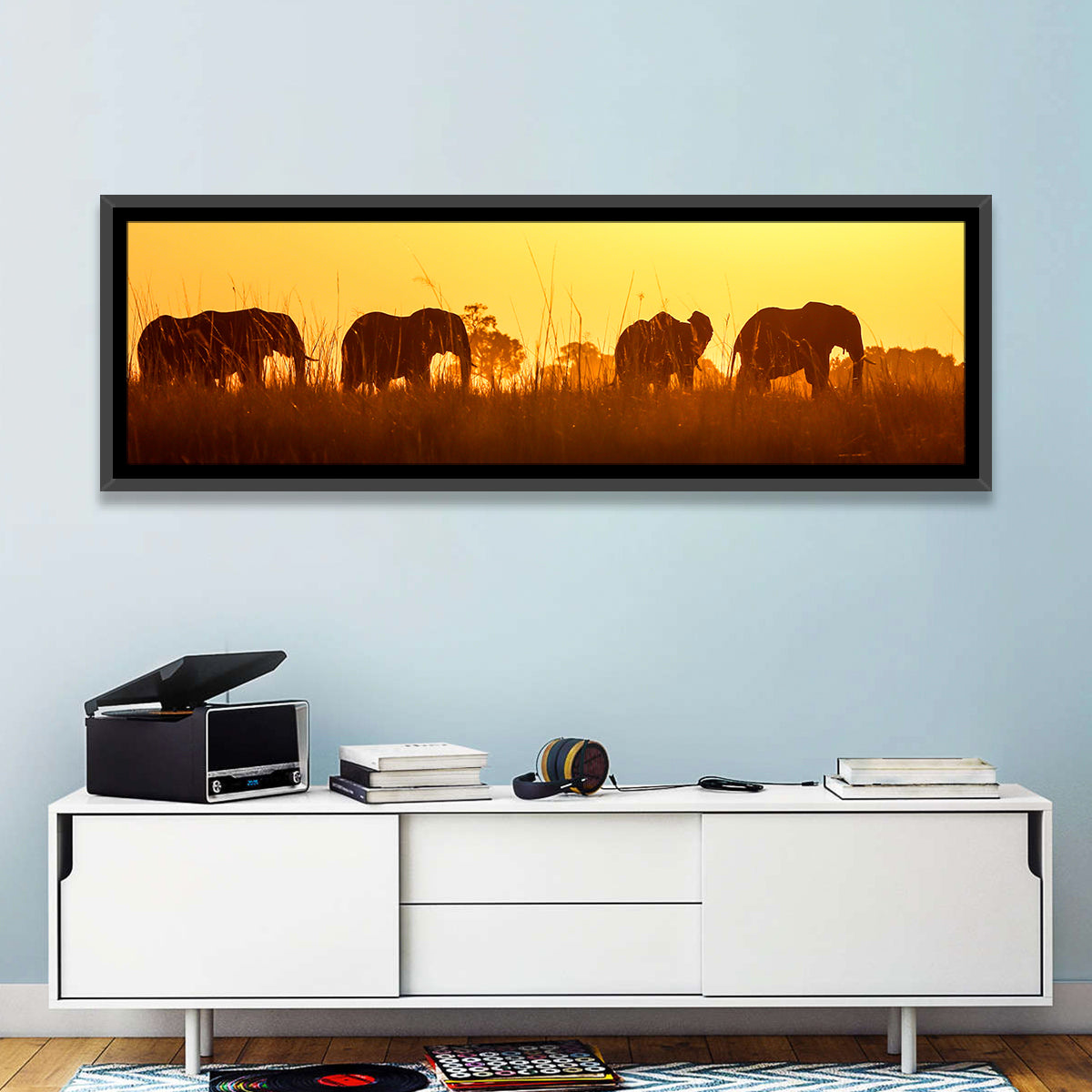 Golden Sunset Elephant Herd Wall Art