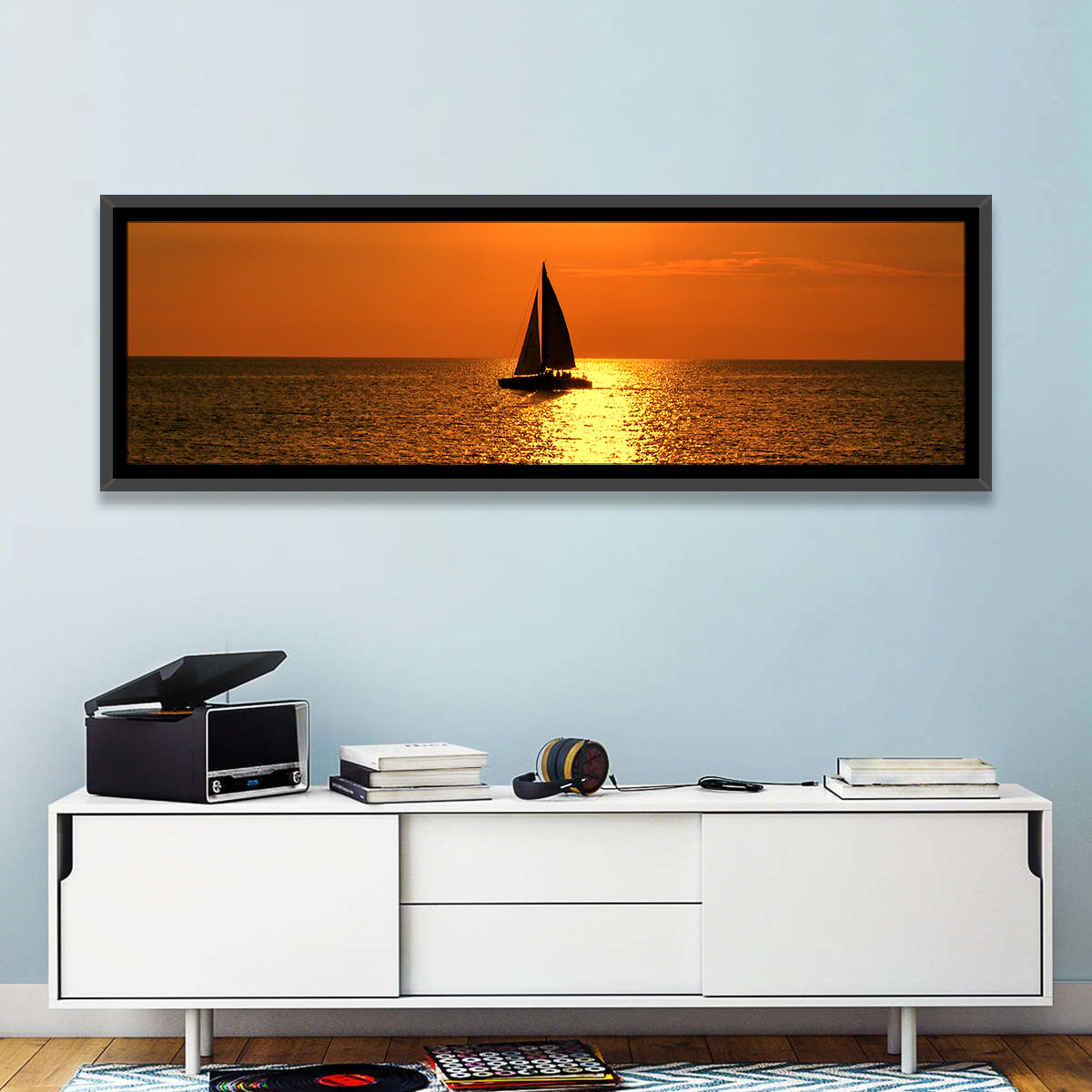 Sailboat Silhouette at Golden Sunset Wall Art