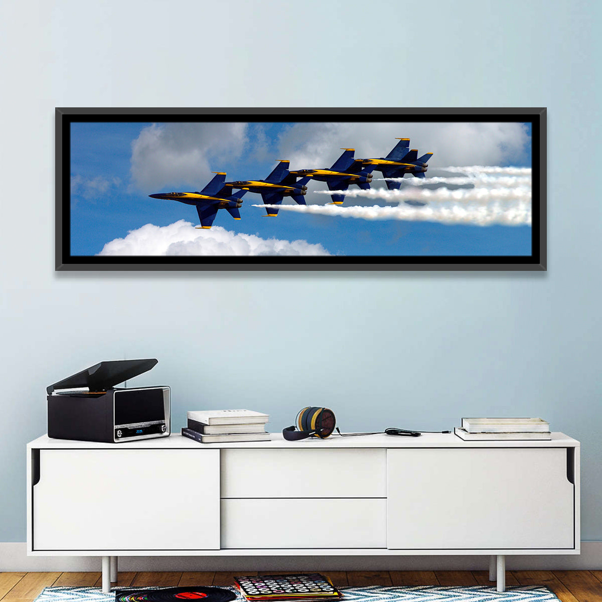 Blue and Gold Fighter Jets Wall Art in a room, panoramic