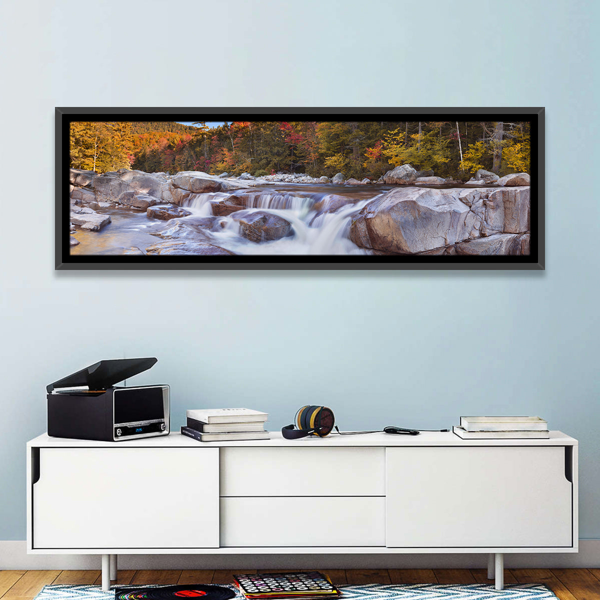 White Mountain Autumn River Wall Art in a room, panoramic
