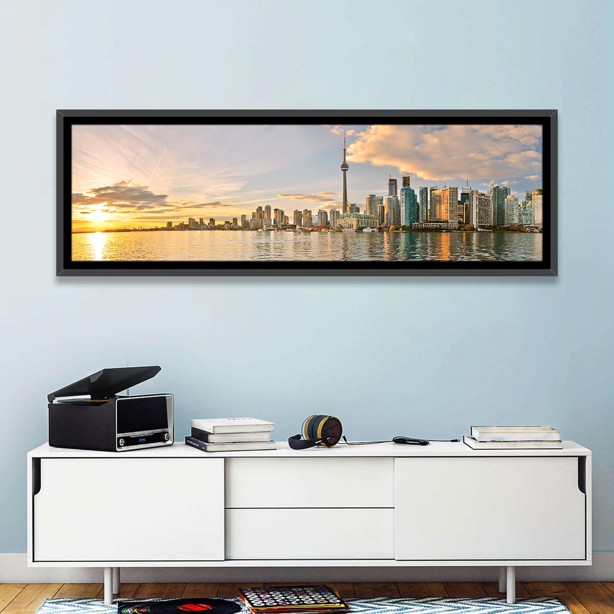 Toronto Golden Hour Skyline Wall Art in a room, panoramic