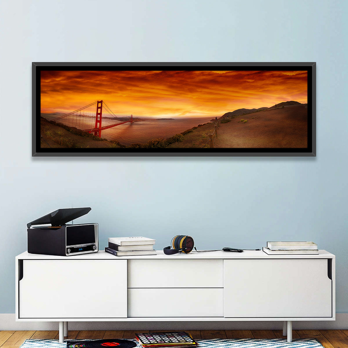 Golden Gate Bridge at Sunset Wall Art in a room, panoramic
