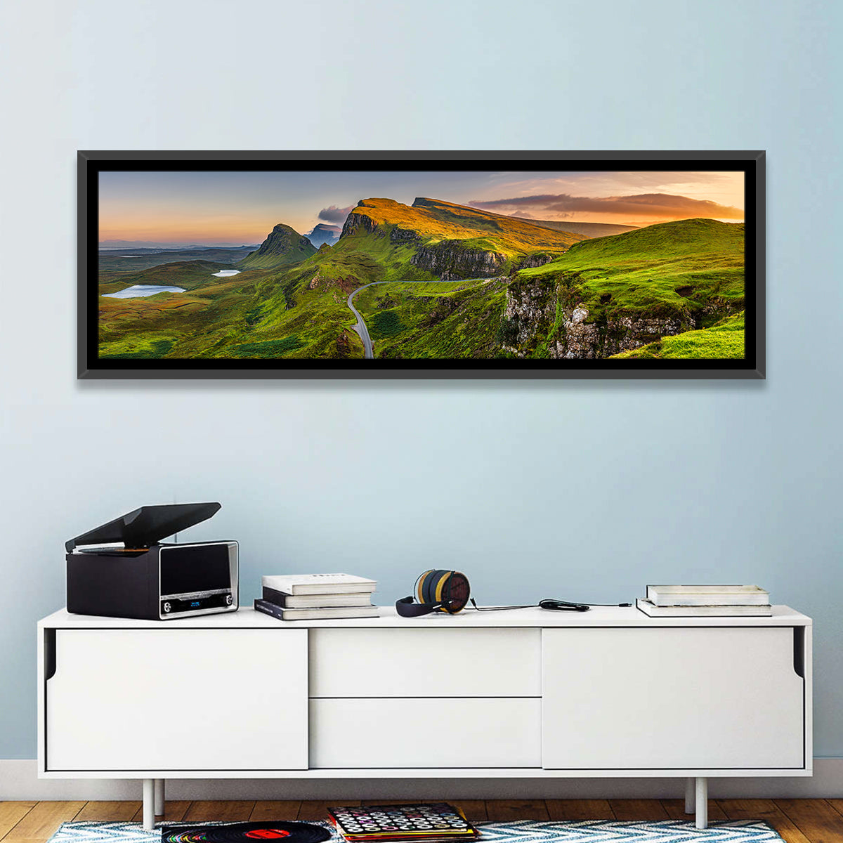 Quiraing Golden Hour, Isle of Skye Wall Art in a room, panoramic