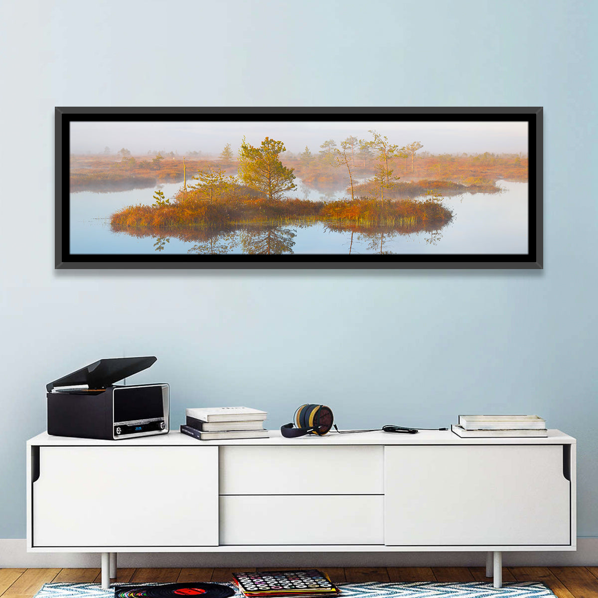 Yelnya Swamp Reflection Wall Art in a room, panoramic
