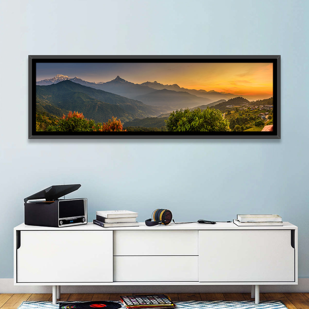 Annapurna Sunrise Over Pokhara Wall Art in a room, panoramic