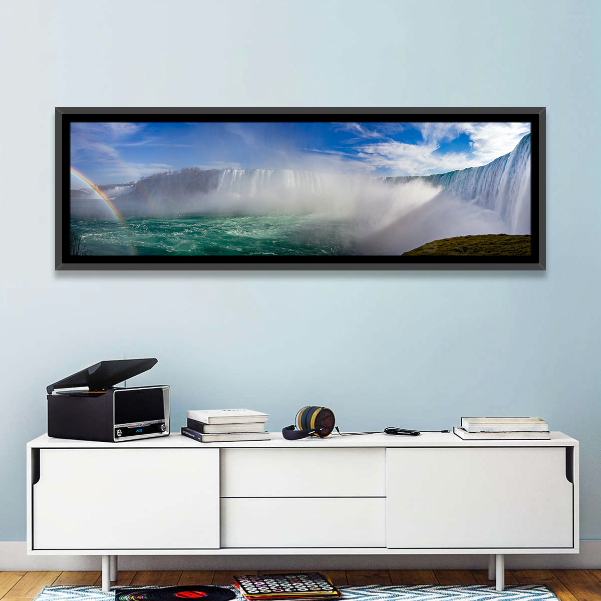Horseshoe Falls Rainbow View Wall Art in a room, panoramic