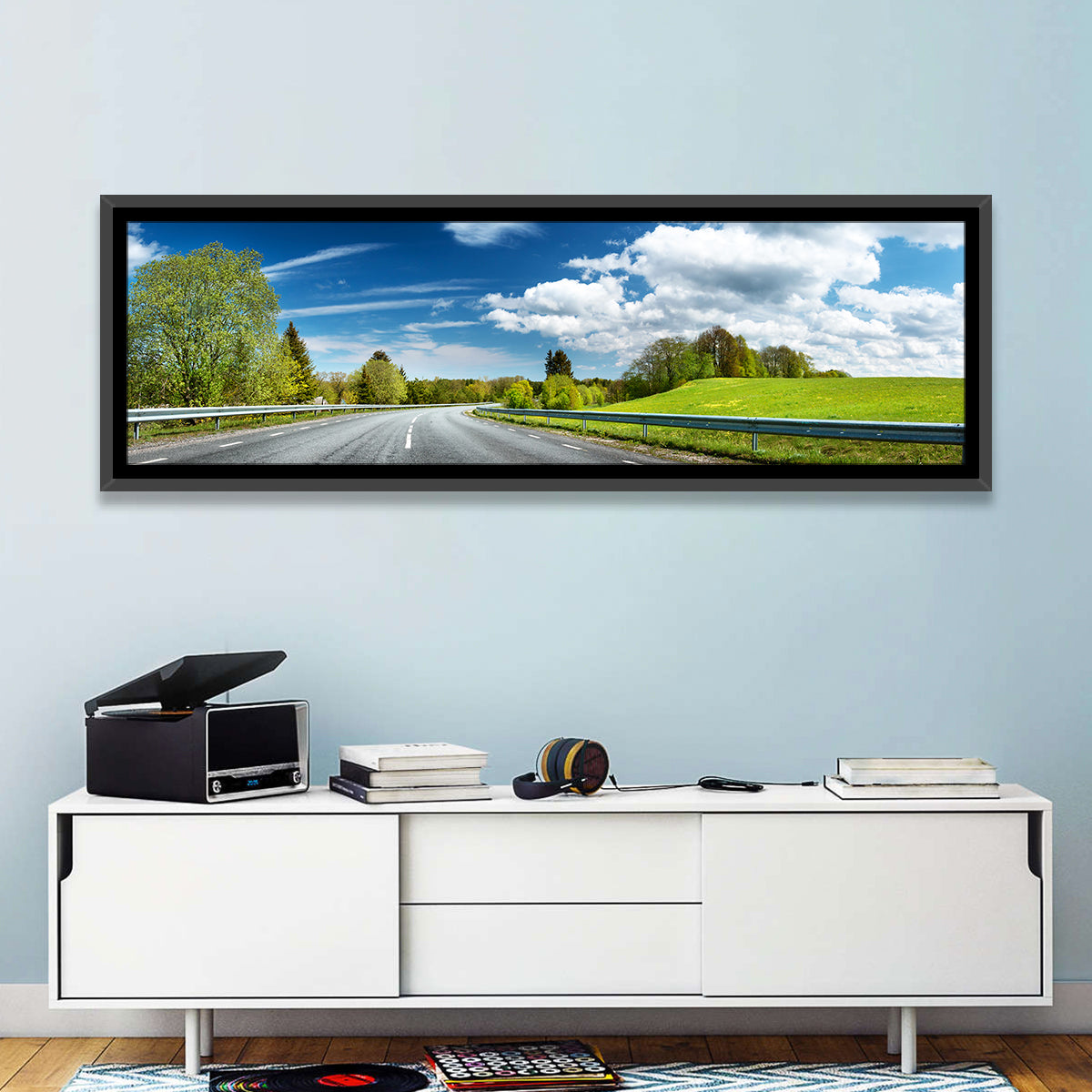 Sunlit Asphalt Road Wall Art in a room, panoramic
