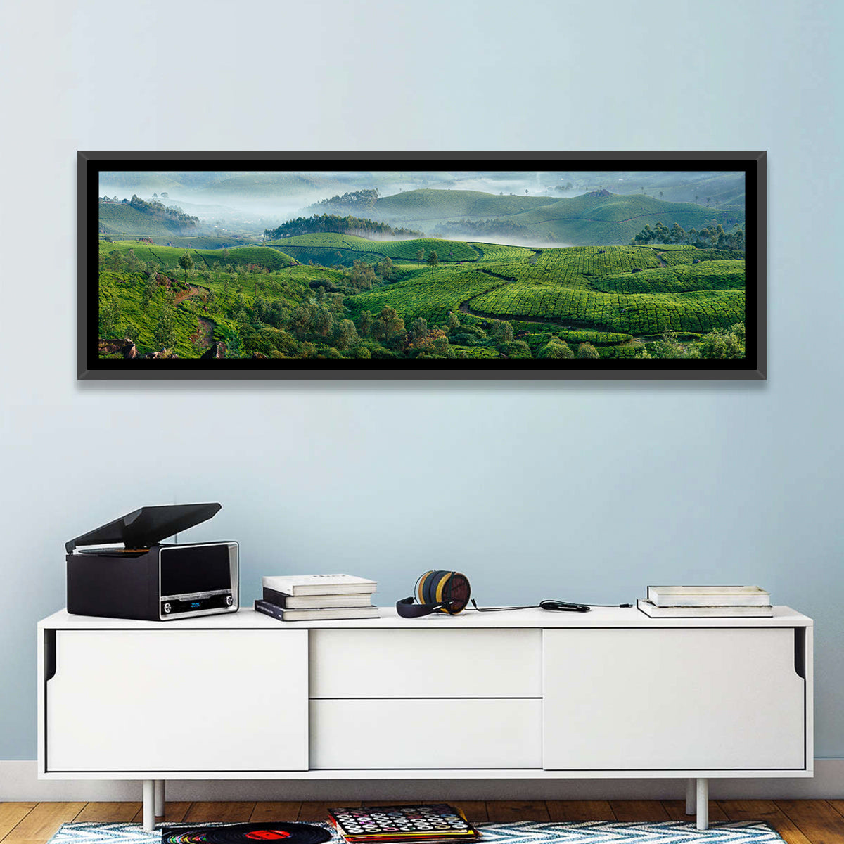 Kerala Tea Fields Wall Art in a room, panoramic