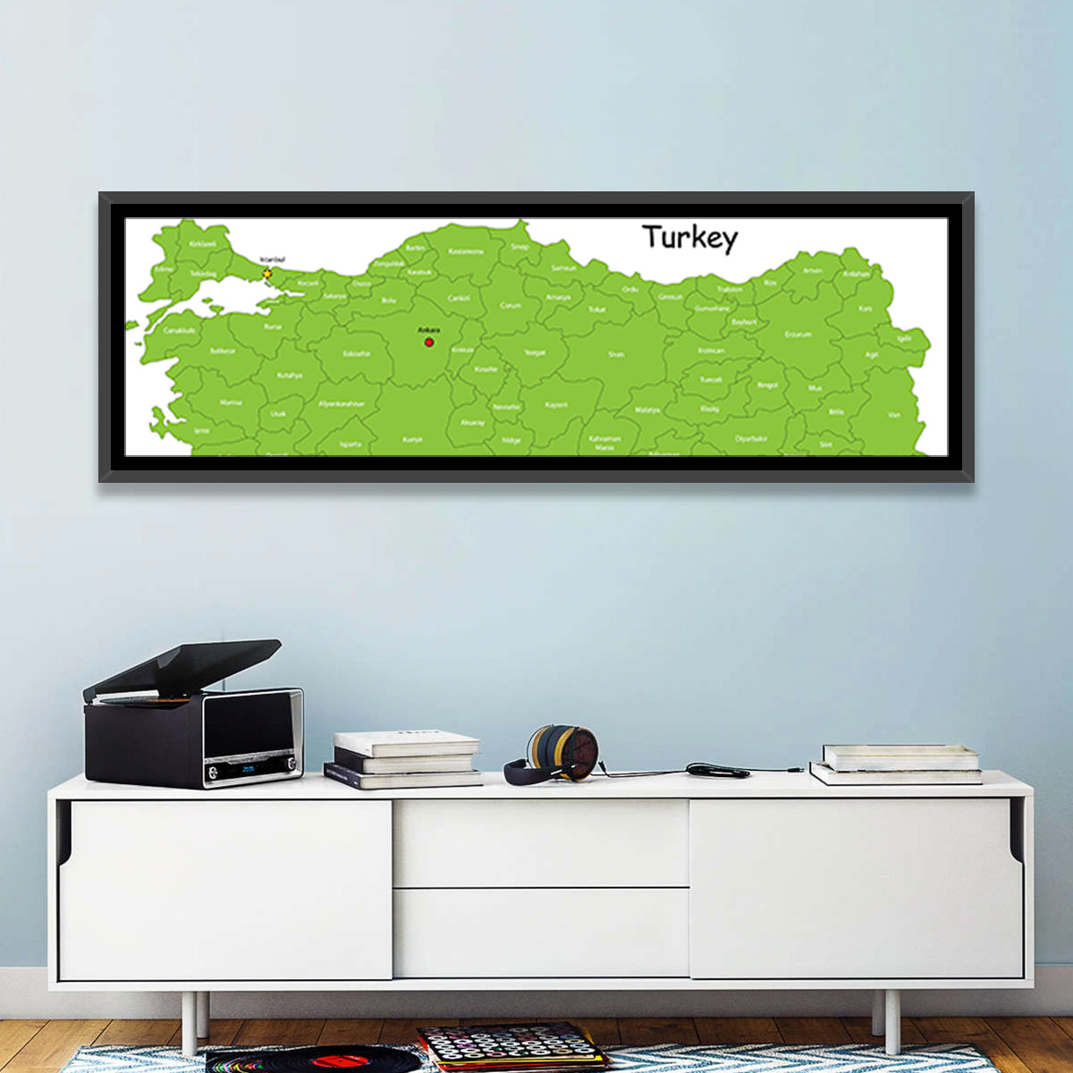 Turkey Map with Province Labels Wall Art in a room, panoramic