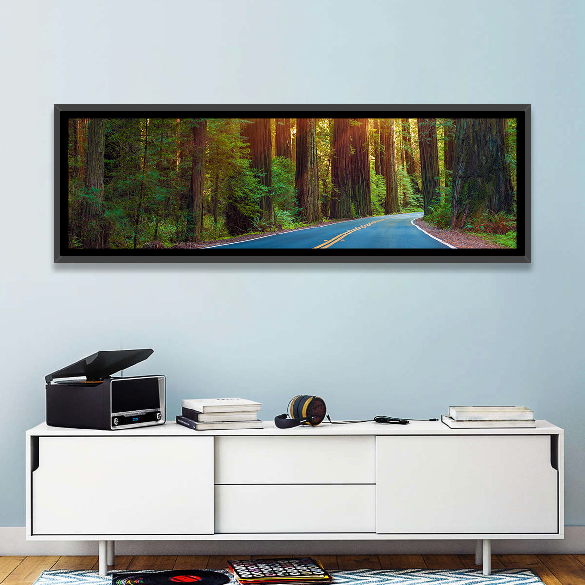 Sunlit Redwood Highway Wall Art in a room, panoramic