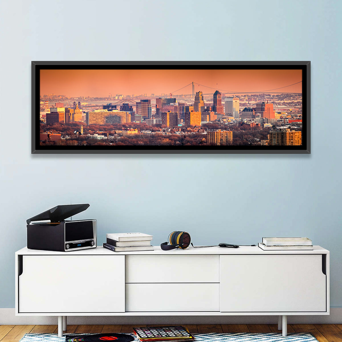 Newark Golden Hour Skyline Wall Art in a room, panoramic
