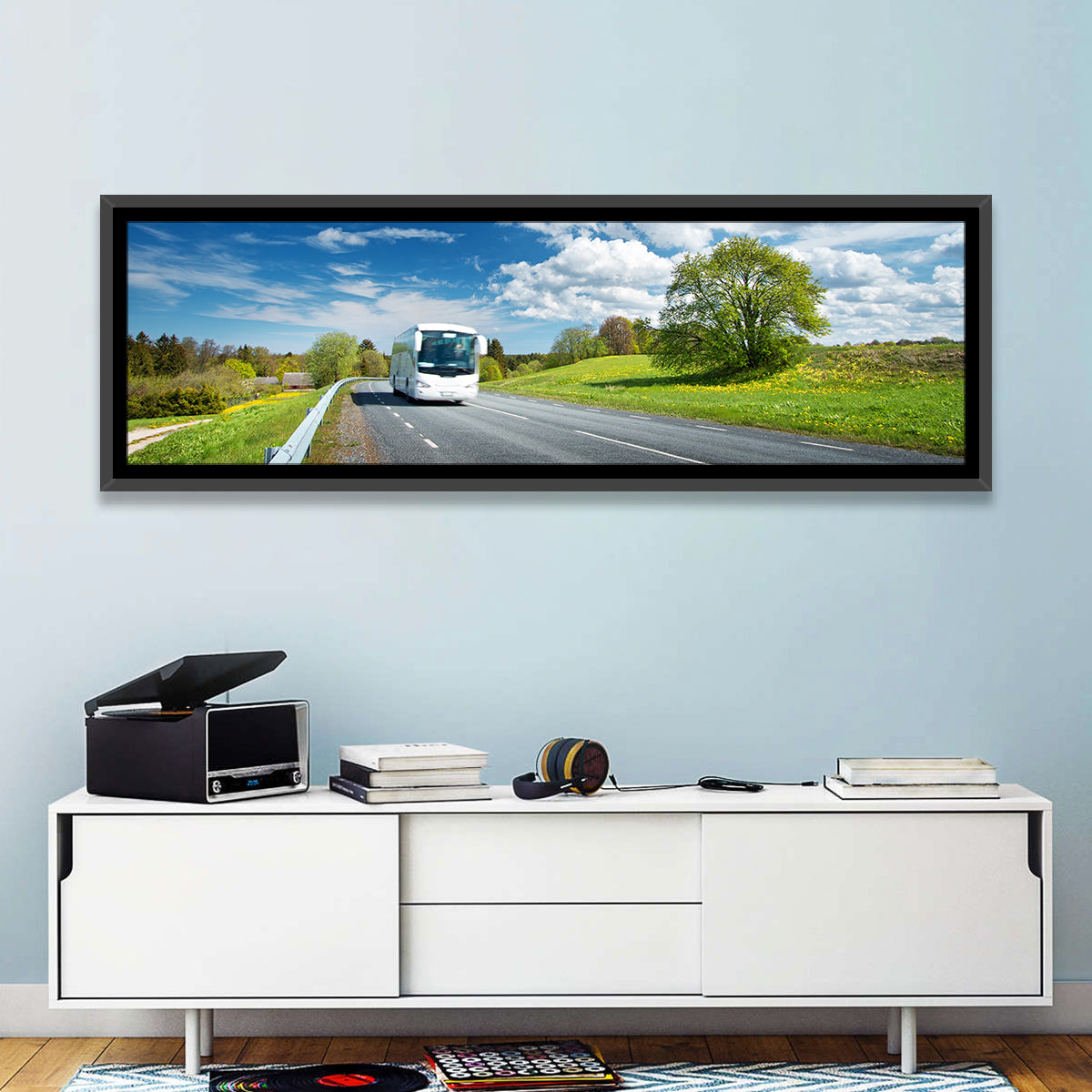 White Bus on Meadow Road Wall Art