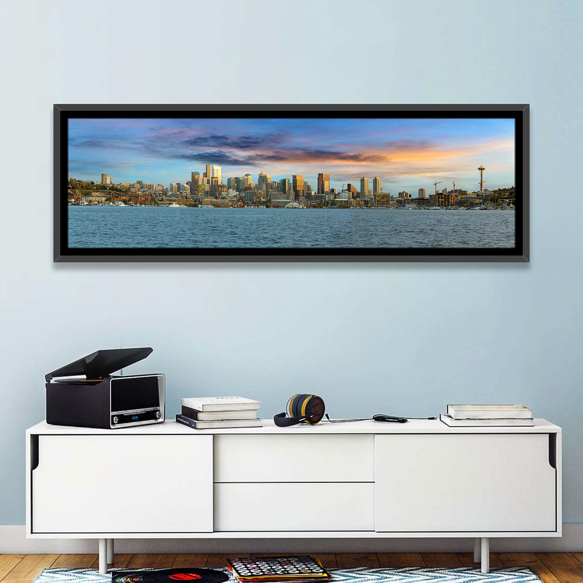 Seattle Skyline at Dusk Wall Art in a room, panoramic