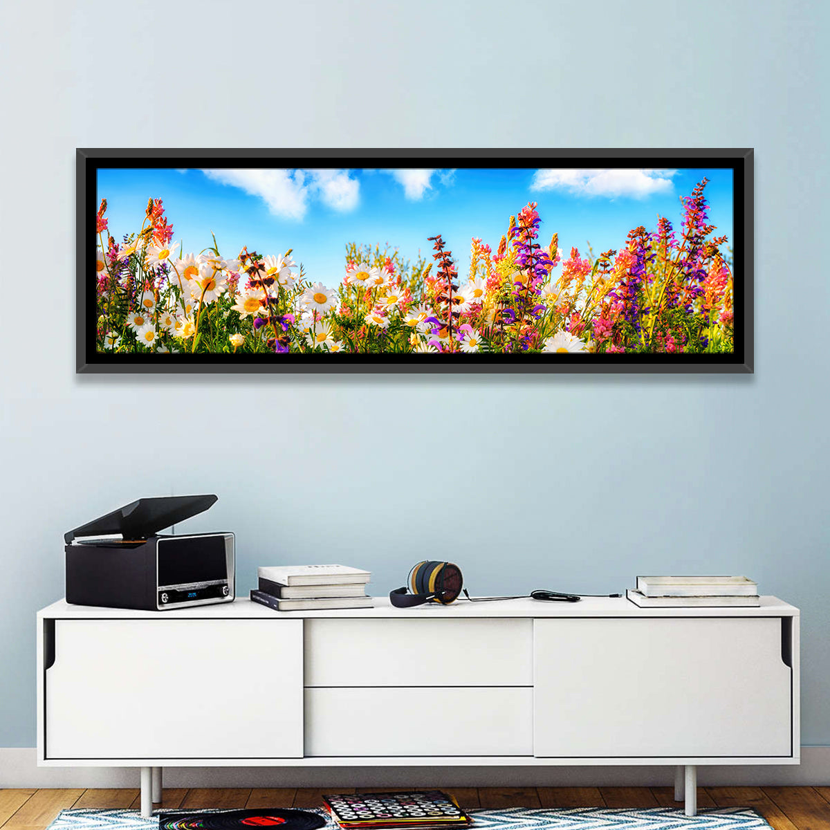 Spring Meadow Wildflowers Wall Art in a room, panoramic