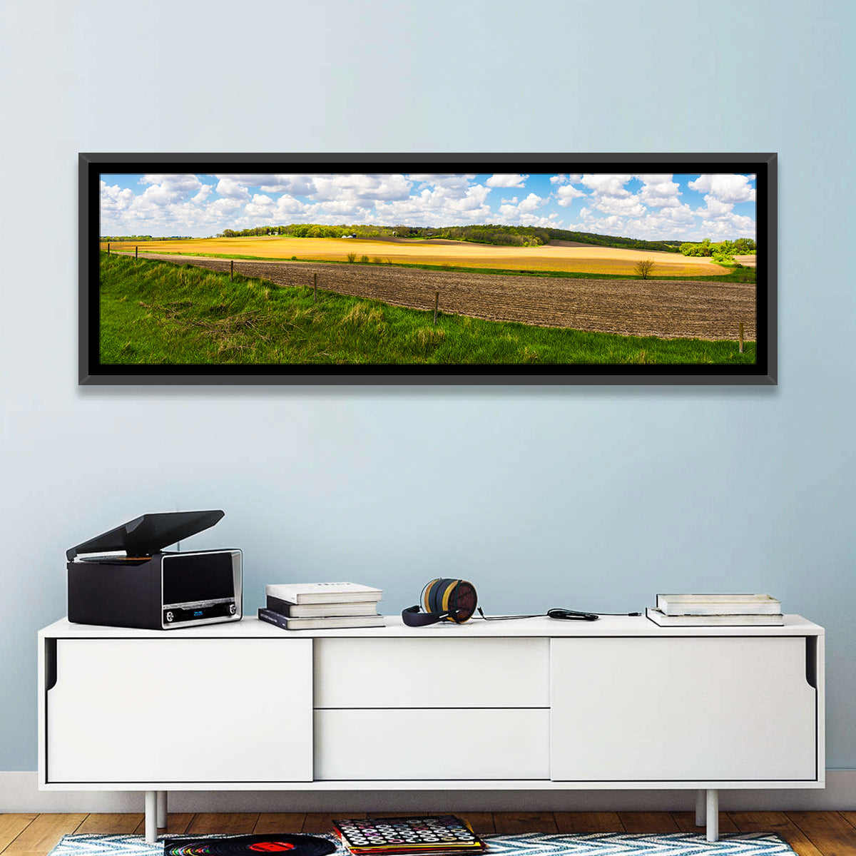 Iowa Farmland Wall Art in a room, panoramic