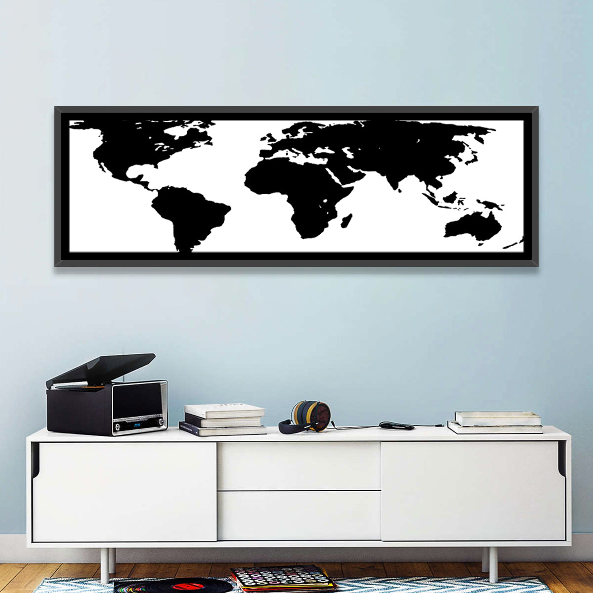 Minimalist Black World Map Wall Art in a room, panoramic