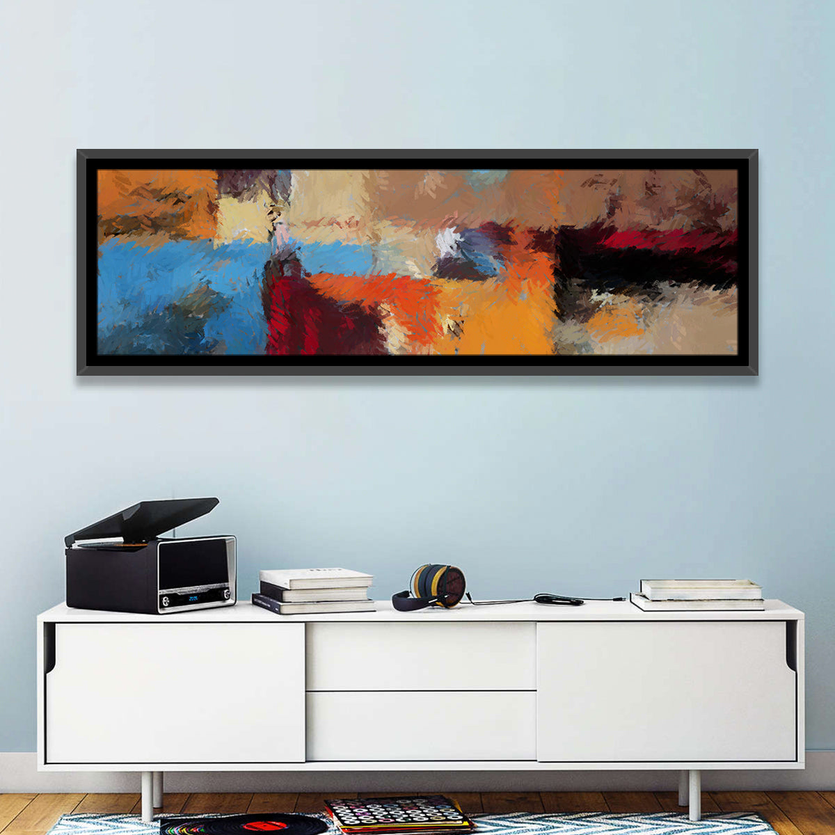 Patchwork Leaves in Blue and Orange Wall Art in a room, panoramic