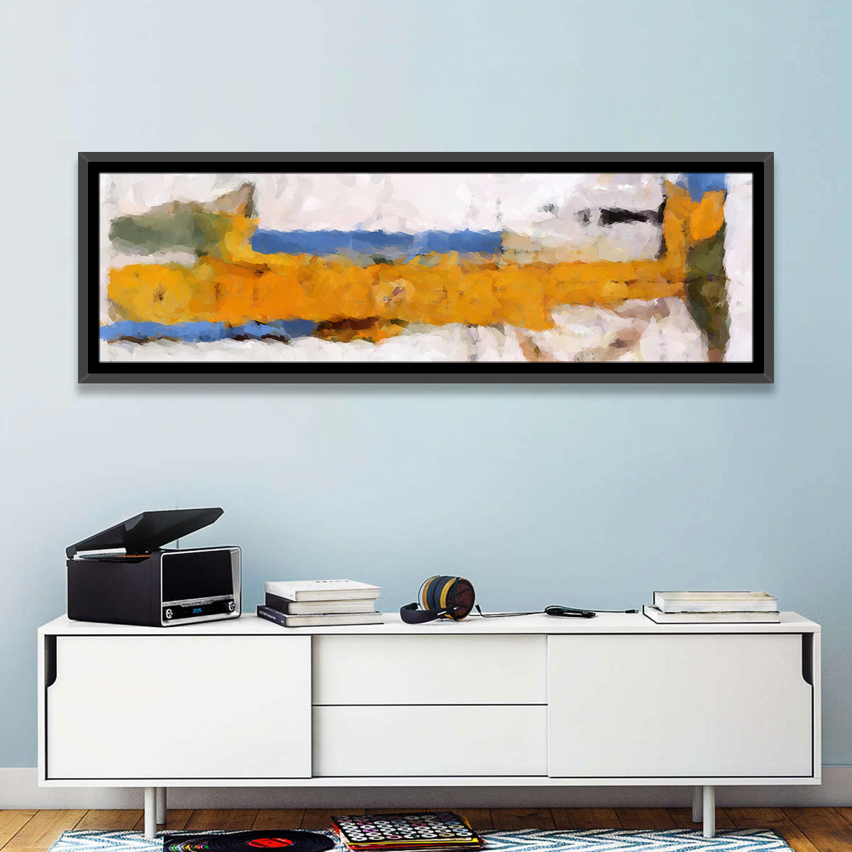 Lake Reflection in Yellow and Blue Wall Art in a room, panoramic