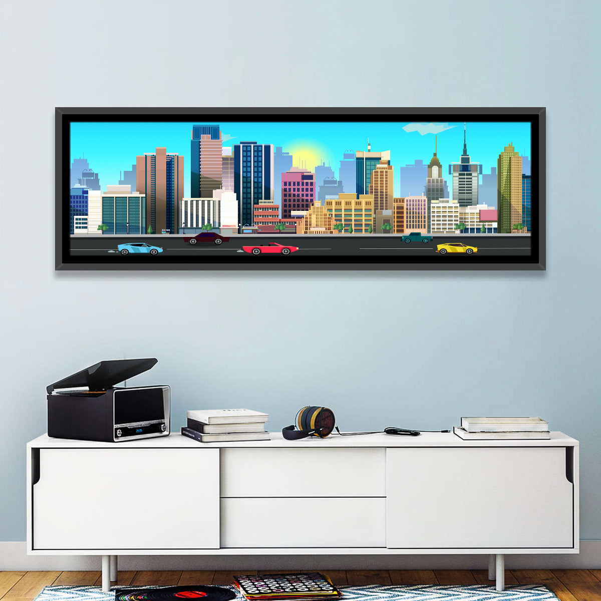 Geometric City Skyline with Sun Flare Wall Art in a room, panoramic