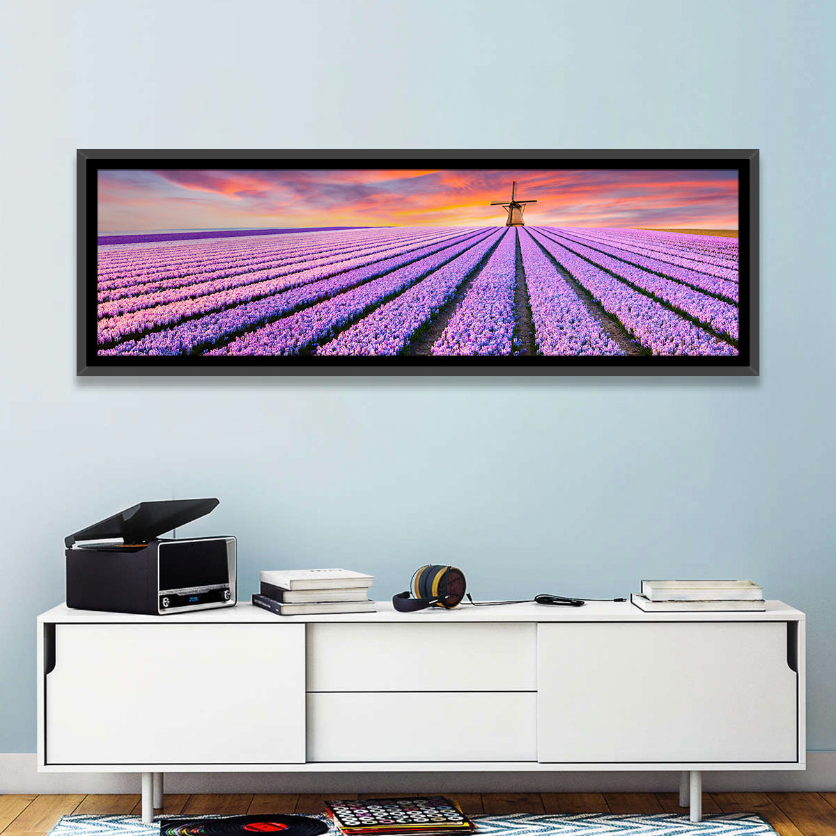 Hyacinth Field at Sunset Wall Art in a room, panoramic