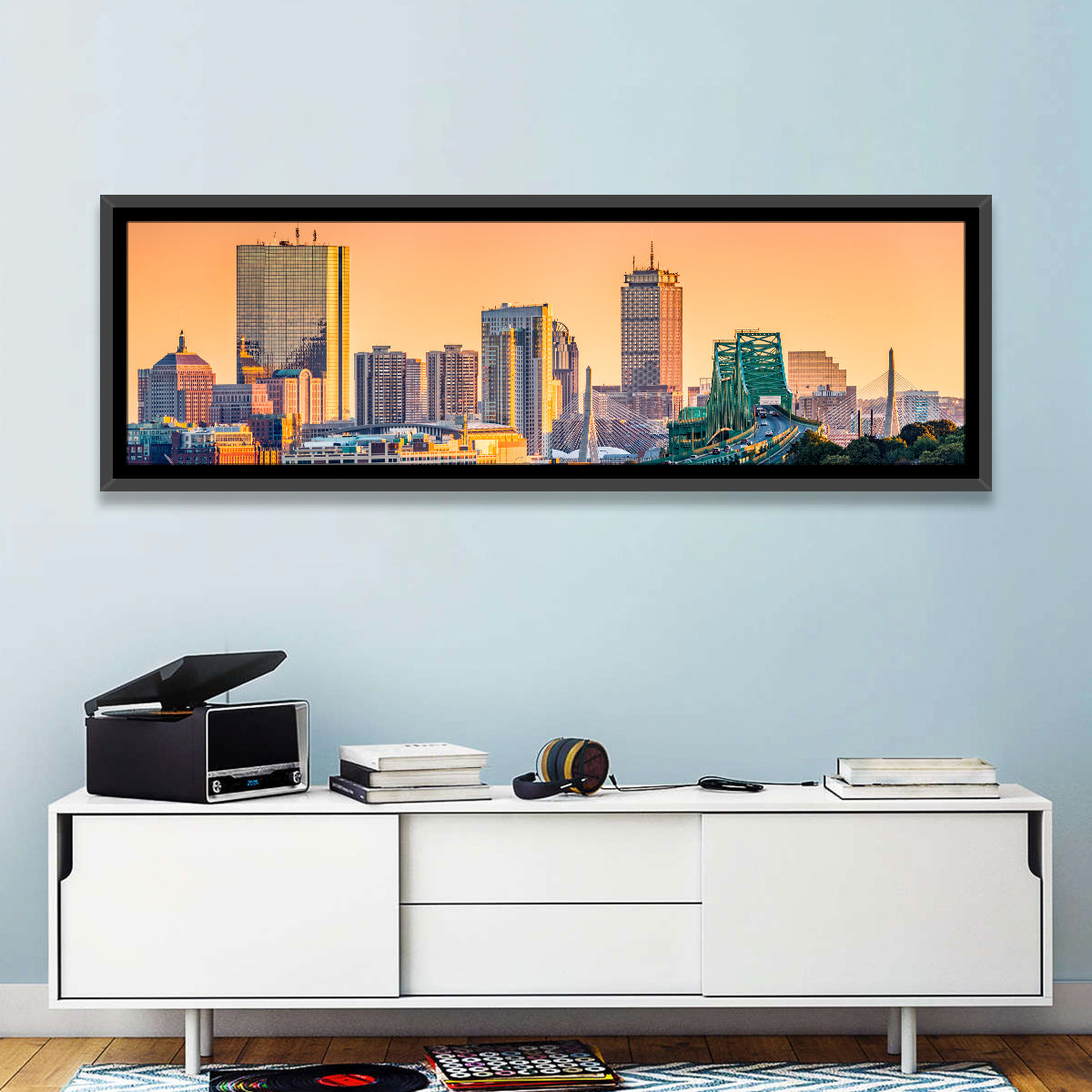 Tobin Bridge to Boston Skyline at Golden Hour Wall Art in a room, panoramic