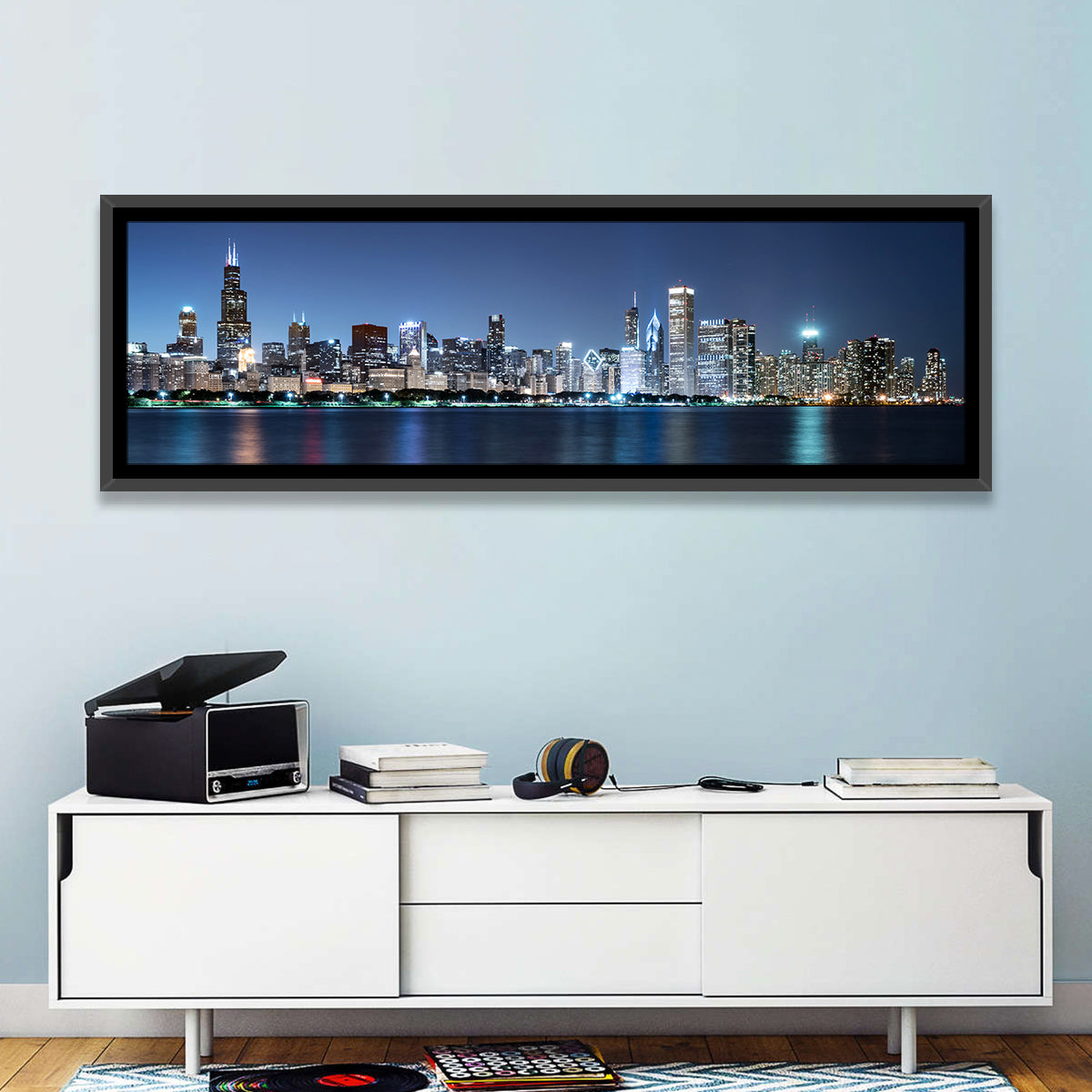 Chicago Night Skyline Wall Art in a room, panoramic