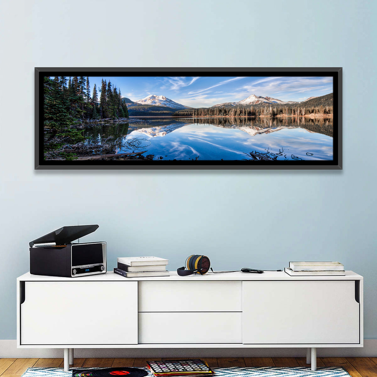 Sparks Lake Reflection Wall Art in a room, panoramic