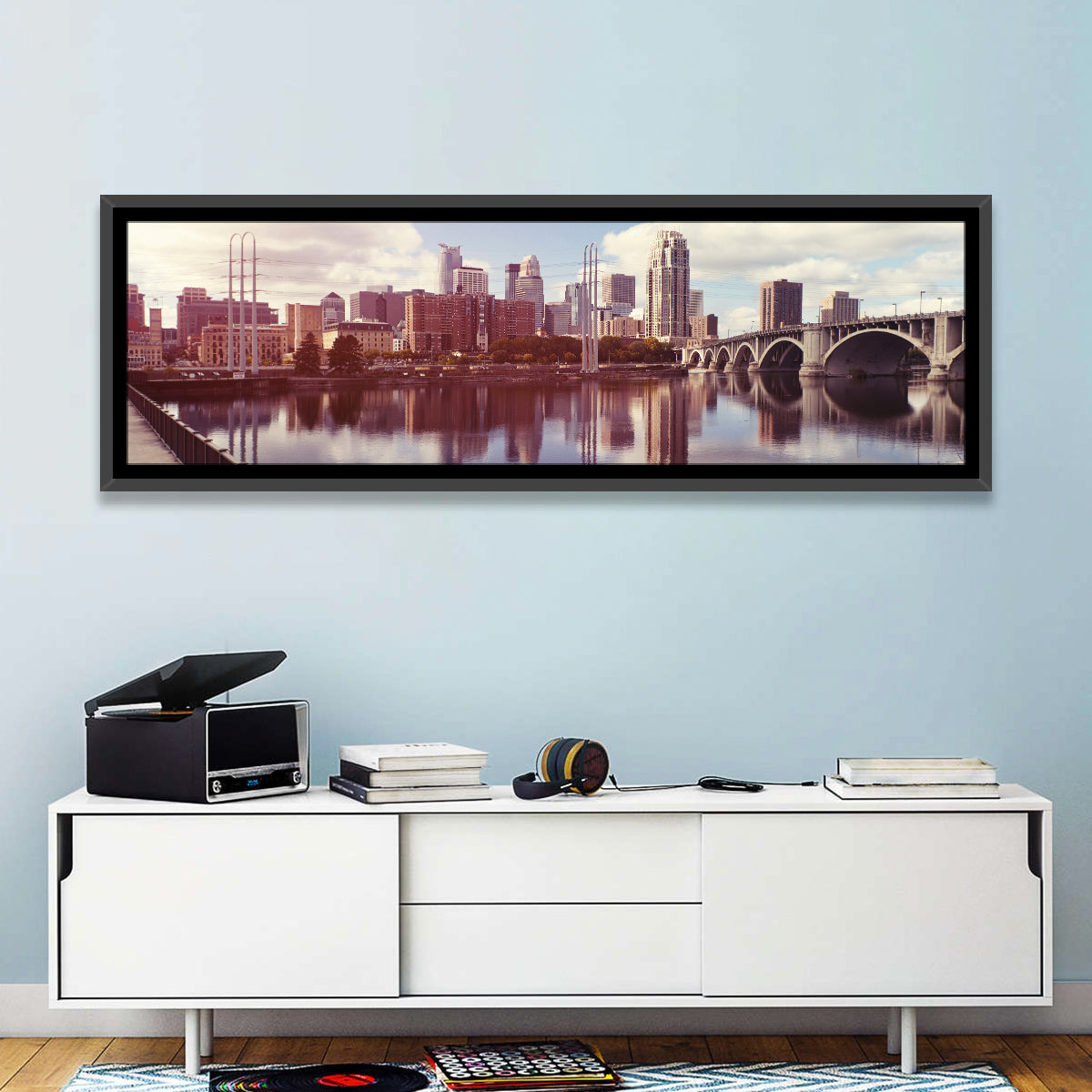 Minneapolis Skyline at Third Avenue Bridge Wall Art in a room, panoramic