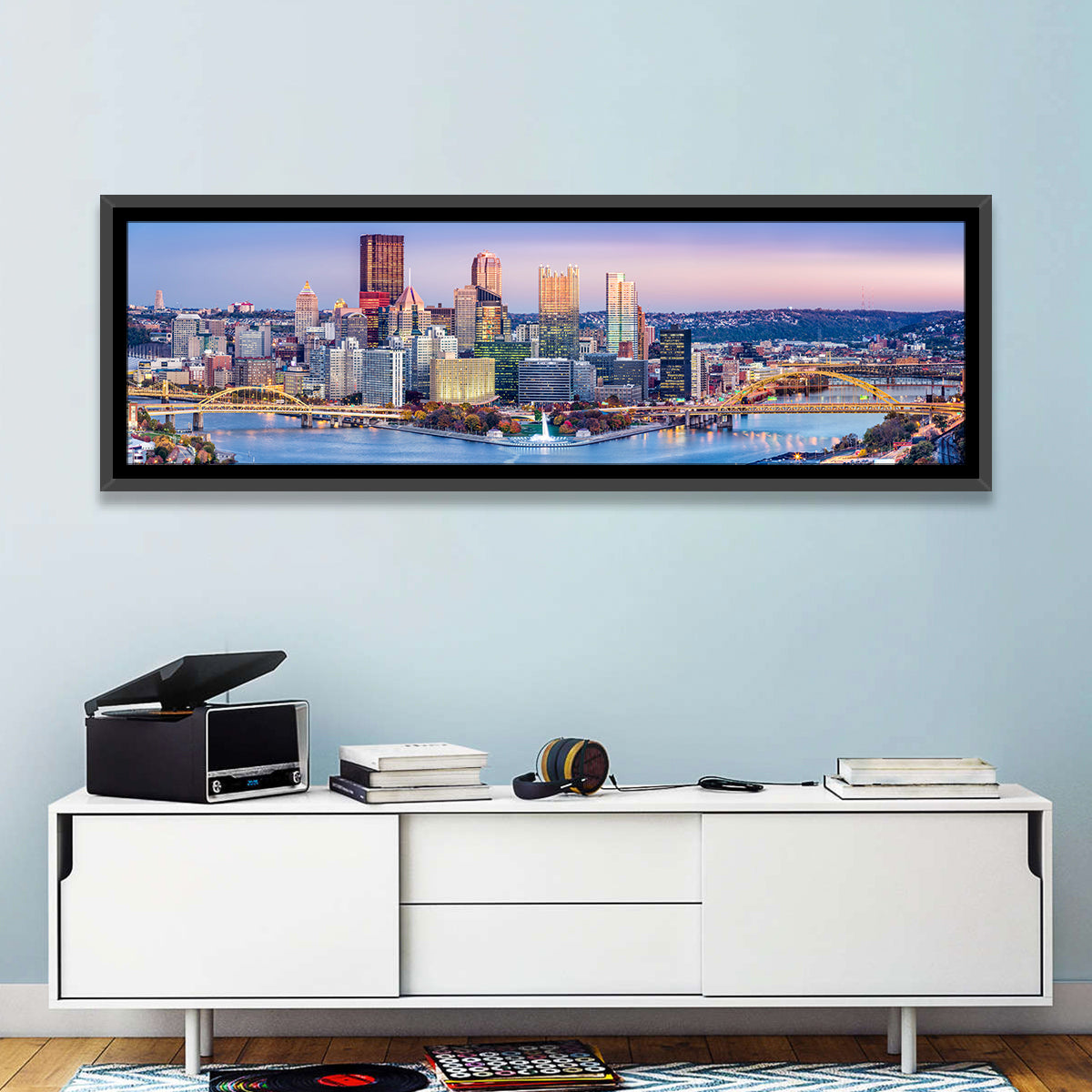 Pittsburgh Twilight Skyline Wall Art in a room, panoramic